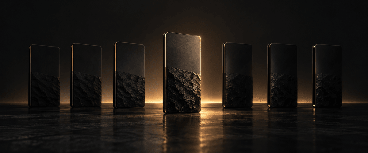 Several similar forms in a row, one positioned slightly forward and catching the light most directly, representing a competitor edging into visibility
