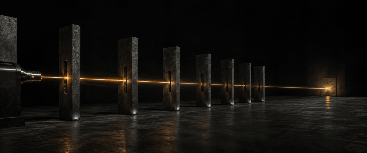 A single beam of light passing cleanly through a row of aligned narrow gates in the dark, representing a page that clears every ranking factor without interruption