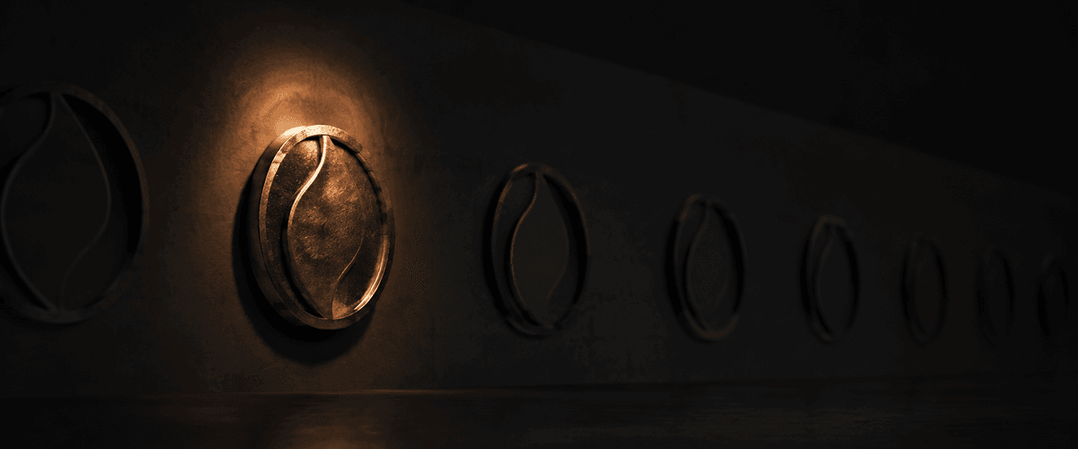 A row of nearly identical badge emblems mounted along a dark wall, all flat and unlit except one catching a warm light that reveals real depth and texture — echoing how a credential only shows what it's actually worth when it's examined up close