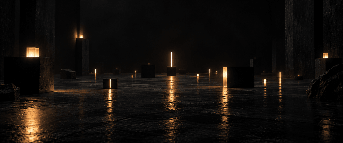 A wide dark floor scattered with small dark stone blocks, each hiding a thin sliver of warm light in a narrow gap, representing many small, easy-to-miss points of confusion spread across a large dark space