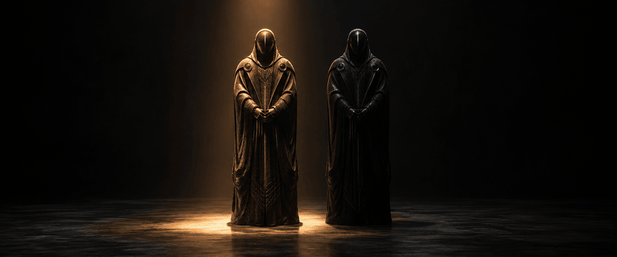 Two nearly identical cloaked figures standing side by side in a dark space, one lit directly from above and the other left in shadow, representing two comparable businesses where only one has been made clearly visible