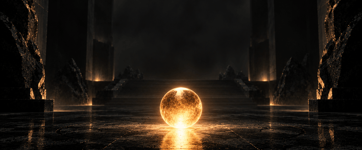 A single glowing sphere sitting alone in a vast, dark hall, immediately catching the eye — matching how fast a homepage forms a first impression before anything else is read