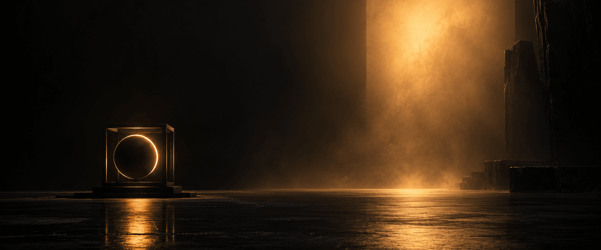 A small cube frame holding a dark sphere ringed by a thin glowing edge, standing alone on a reflective floor in a vast dark hall, with the glow outlining the shape without revealing what's actually inside