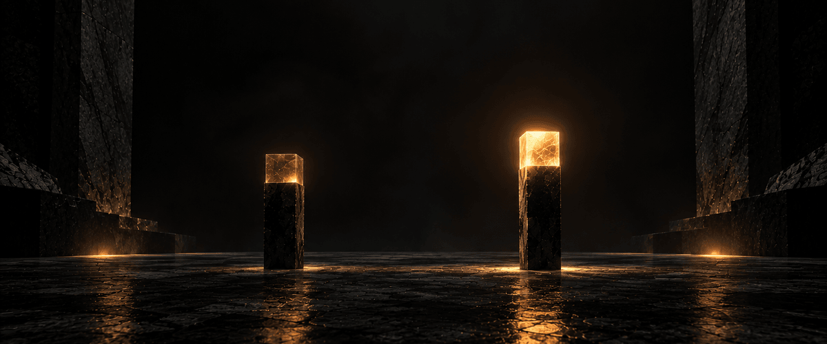 Two glowing crystal pillars in a dark hall, one taller and brighter than the other, representing how existing pages keep performing at different rates after new publishing stops