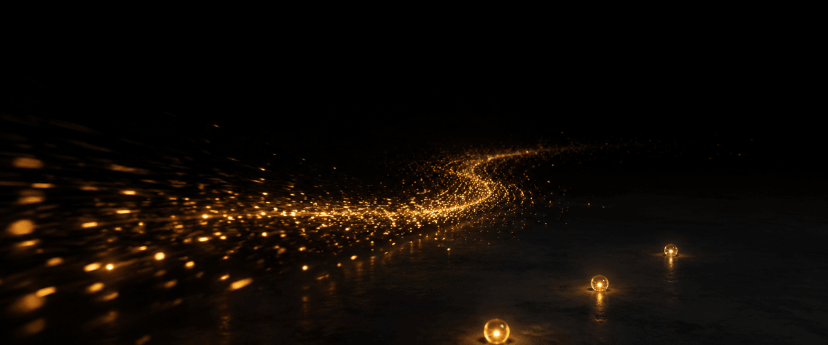 Many small lights drifting through darkness along a wide, scattering trail, with only a few settling into place on the ground below