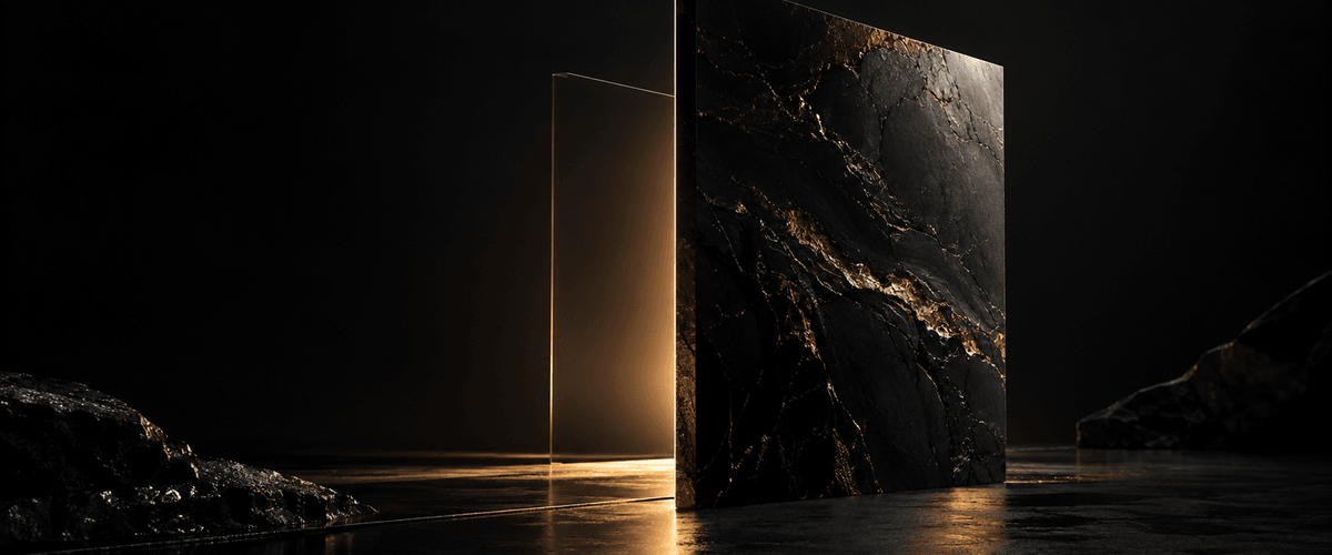 Two standing panels in a dark space — a plain, glowing translucent panel beside a dense, richly veined dark marble slab — echoing the gap between a site that only looks modern and one with real structure underneath
