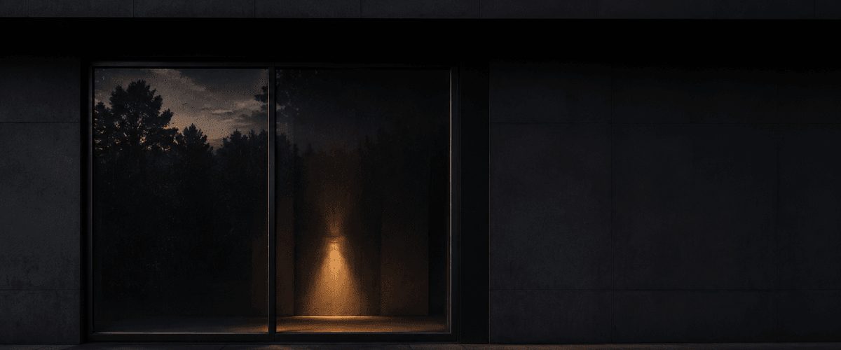 A dark storefront window glowing faintly from a single light left on inside, representing a website that keeps representing a business day and night, whether anyone's watching or not