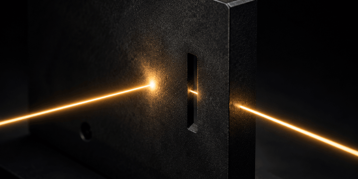 A narrow slot in a dark metal panel with one beam of light passing cleanly through to the other side while a second beam strikes the same slot and stops short, representing the gap between a page that gets surfaced and one that doesn't