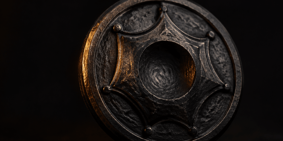 A single ornate badge seen up close, its rim catching warm light while its center opens into a hollow recess — echoing how an impressive-looking credential can turn out to hold less substance than it implies