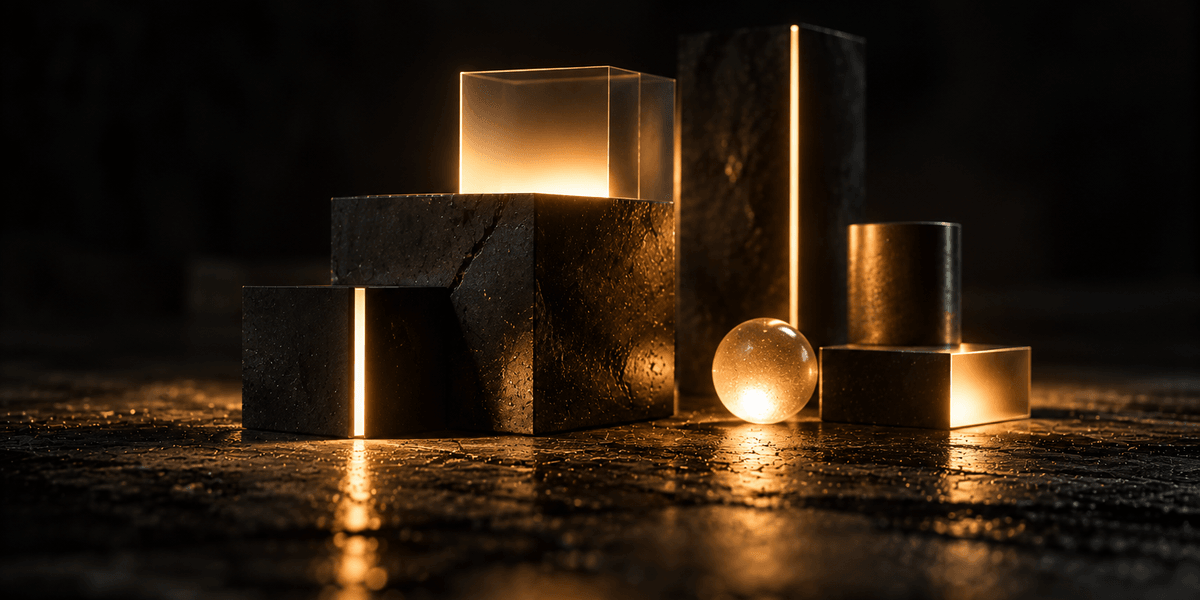 A close cluster of dark stone and glass shapes -- a cube, a tall pillar, a sphere, a cylinder -- each glowing from a hidden light source within, grouped together on the same dark floor