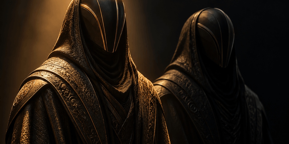 A close, detailed view of the same two figures, one caught in sharp light revealing the texture of its robe, the other left indistinct in shadow beside it