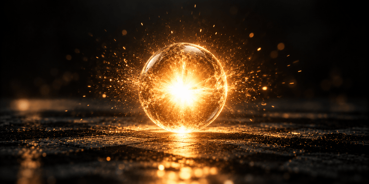 A glowing sphere throwing off scattered sparks in every direction, representing how several small, unrelated flaws add up instantly into one general impression of carelessness