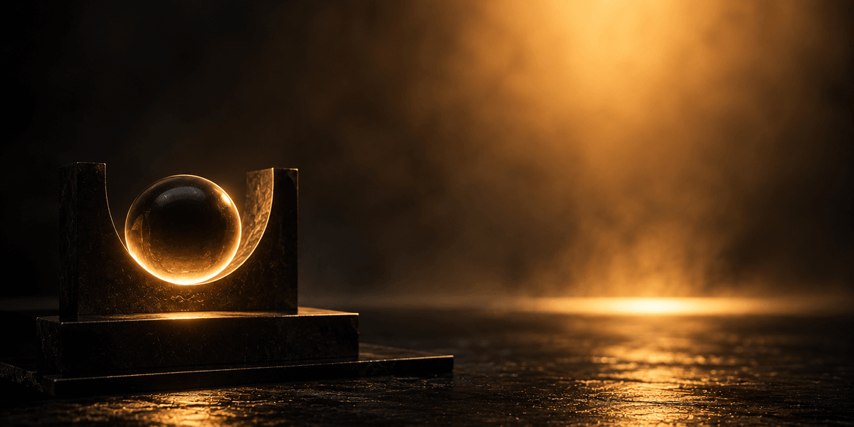 A dark, opaque glass sphere cradled in a stand, its rim catching a thin ring of light while its center stays solid and unlit