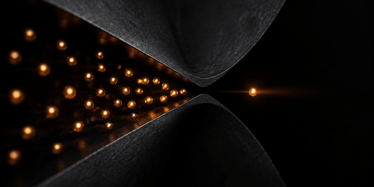 A wide cluster of small lights narrowing through a dark funnel-like passage down to a single light emerging clearly on the other side