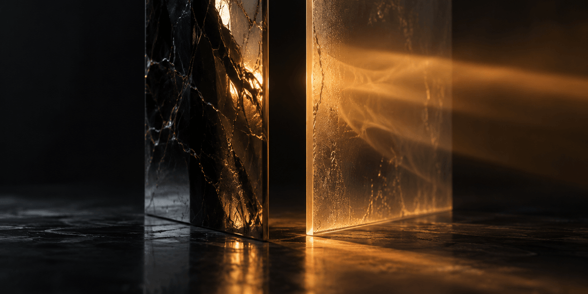 A beam of light passing straight through a translucent panel, revealing its internal structure, standing beside a dense opaque marble slab that only reflects light off its surface — echoing the difference between a page whose structure is genuinely visible and one whose polish only sits on the surface