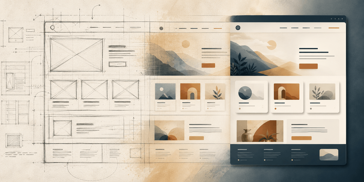 Rows of nearly identical template website layouts, illustrating how generic designs blend businesses together instead of setting them apart