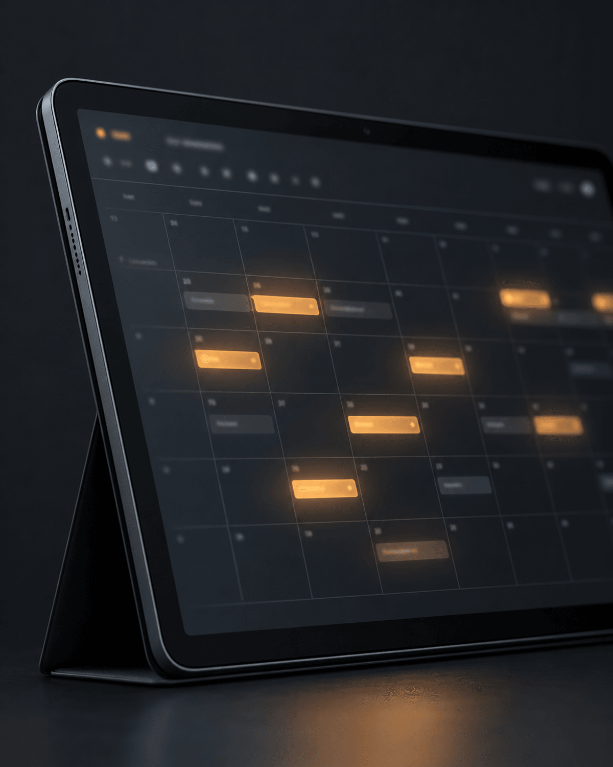 Tablet displaying an abstract calendar and booking interface, with several date entries glowing amber to represent confirmed reservations
