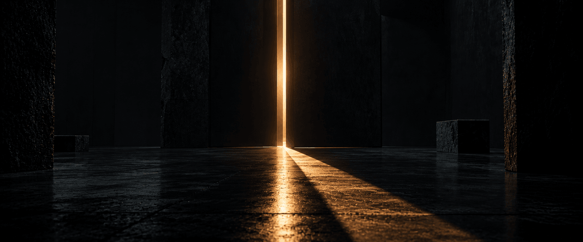 A single sharply defined beam of light cutting through a narrow gap between two dark stone walls onto a reflective floor, representing one sentence standing on its own clearly enough to pass through unchanged