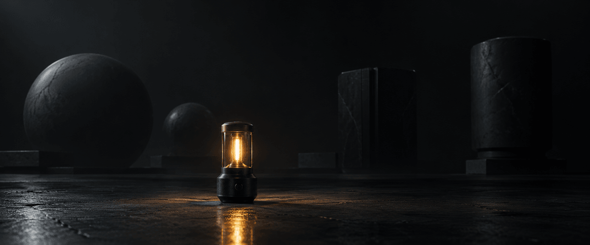 A single small lit lantern standing out clearly on the ground in front of several larger, unlit dark shapes, representing how a small business can stand out through clarity rather than size