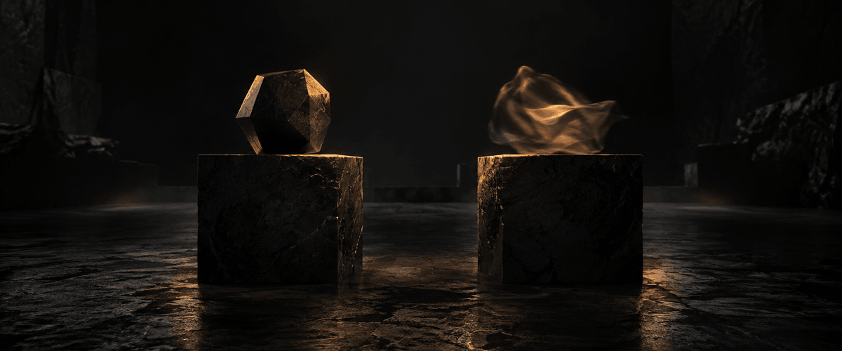Two stone pedestals side by side, one holding a solid, sharply faceted form and the other holding a soft, shapeless form caught mid-motion, representing the choice between a solid guarantee and a vague promise