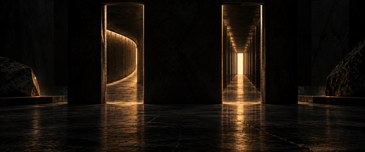 Two separate doorways cut into the same dark marble hall, one curving out of sight and the other leading straight down a long corridor to a bright point of light, representing two related but distinct paths that lead to different outcomes