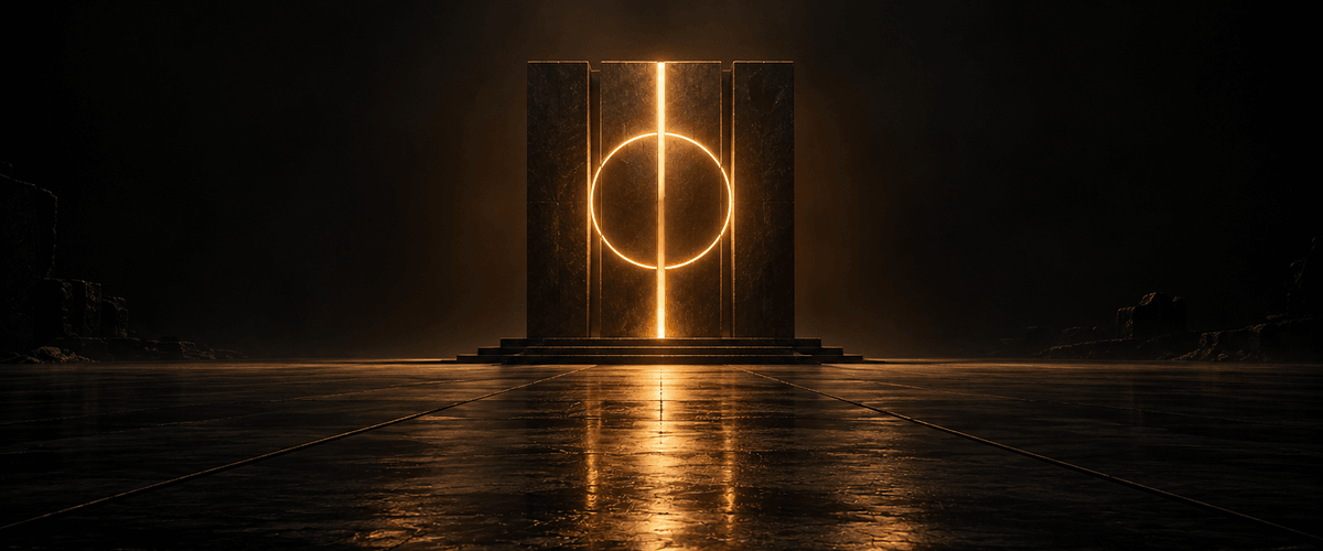 A tall stone doorway framed by dark pillars, with a glowing ring and a single sharp vertical line of light marking its exact center, forming a precise, clearly defined threshold