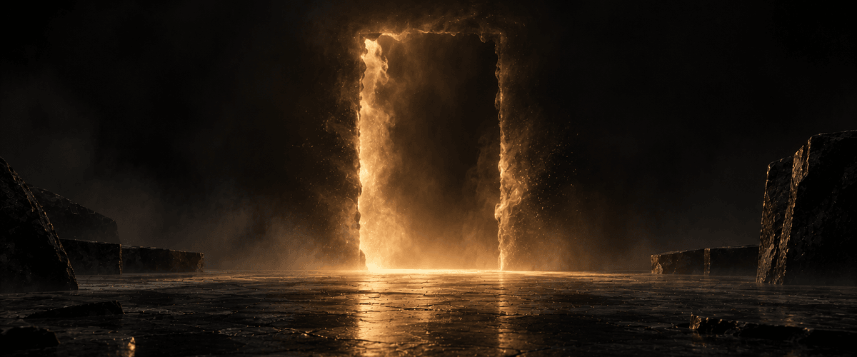 A wide, unbounded doorway of light glowing in complete darkness with no visible frame or edge marking where it begins or ends, representing a guarantee with no stated limits