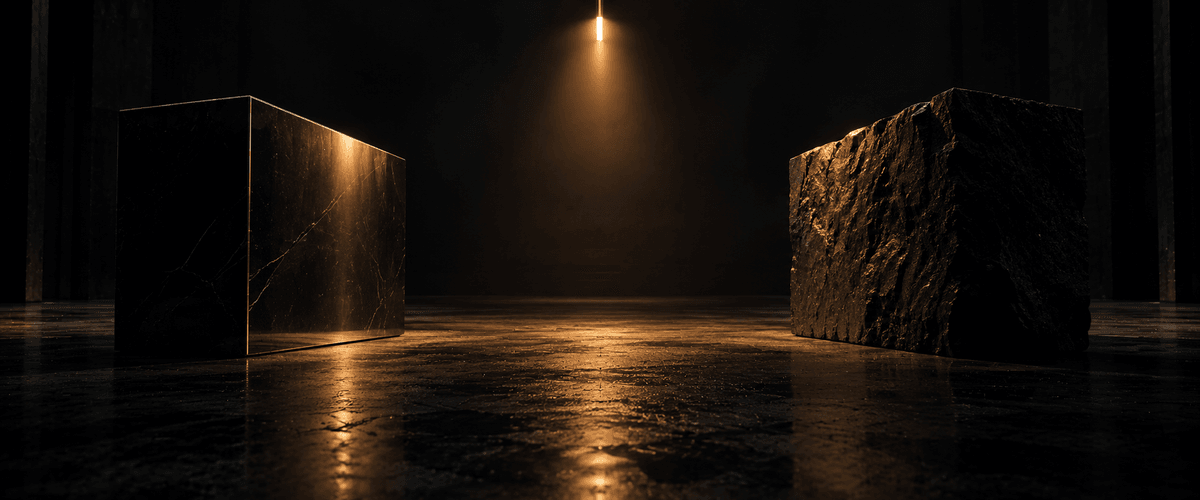 A smooth, polished marble block and a rough, unfinished stone block sitting side by side under the same single overhead light, representing two different visual finishes receiving identical attention