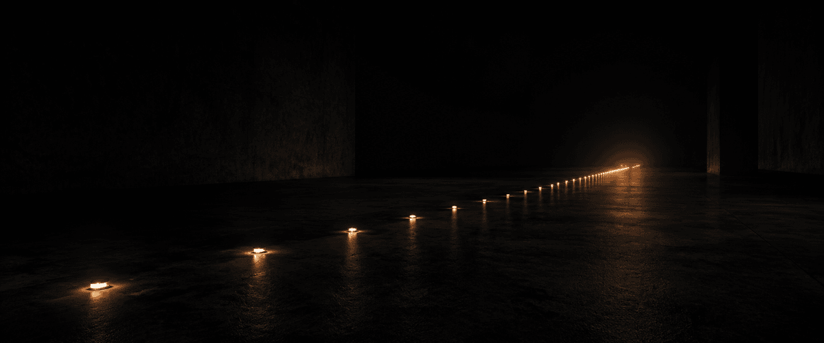 A series of small lights spaced along a dark floor, growing brighter toward one end of the room, representing how steady small improvements compound over time