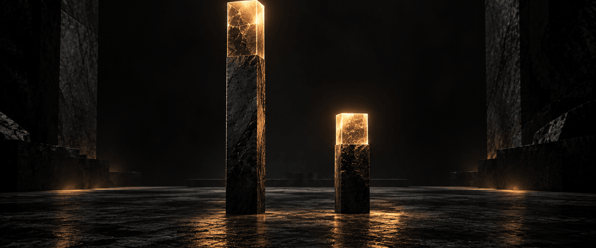 Two dark stone pillars of different heights, both glowing with warm light at the top, representing how height alone doesn't reveal which one is actually doing real work