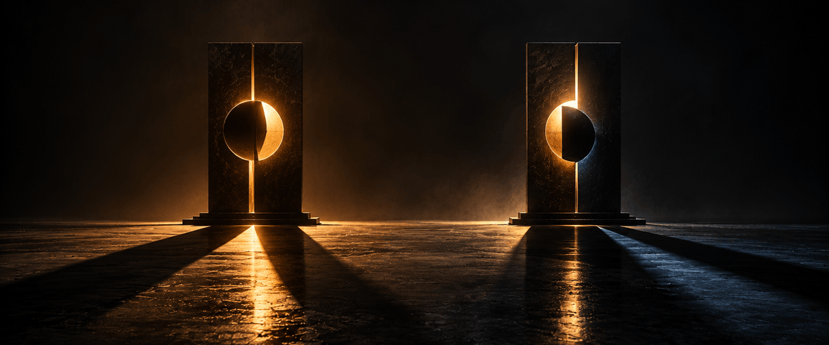 Two nearly identical dark stone pillars standing apart in a dark hall, each split by a glowing sphere at its center, the light striking each sphere from a slightly different angle so the two glowing shapes don't quite match