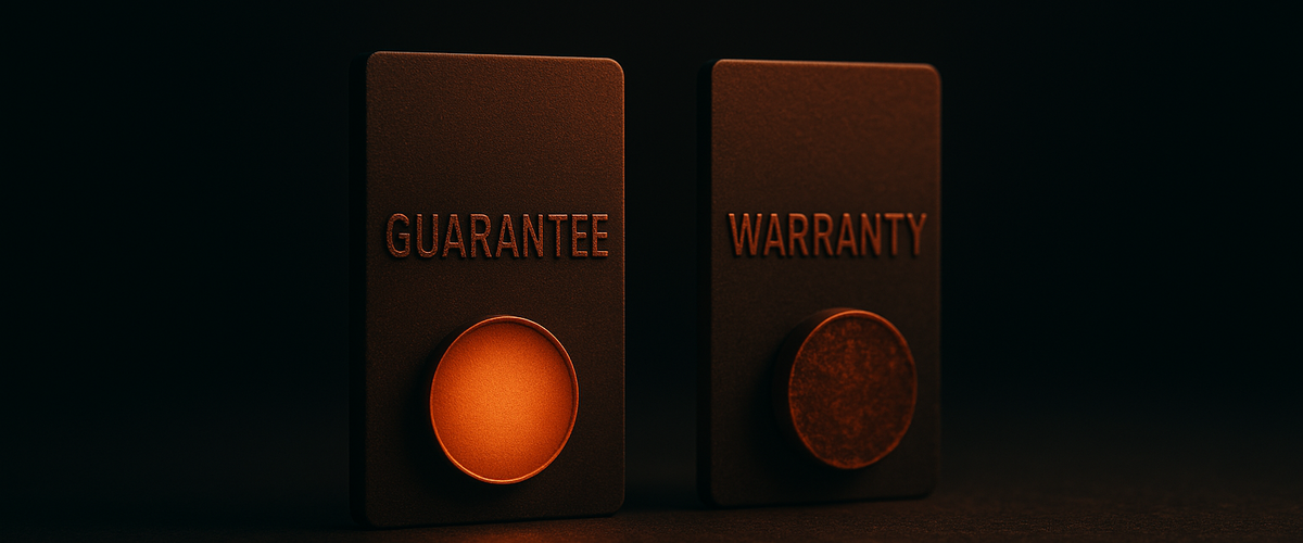 3D rendered shield and price tag icons side by side on pedestals, symbolizing the difference between a warranty and a guarantee