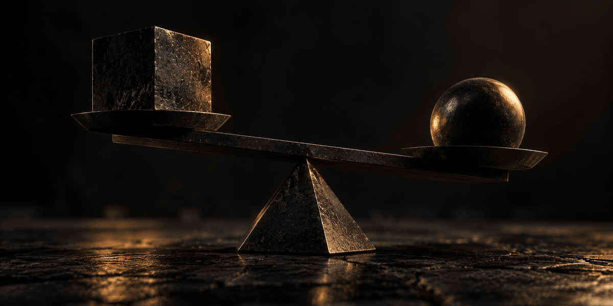 A balance scale holding a solid cube on one side and a smooth sphere on the other, perfectly level, representing weighing two different but equally valid kinds of commitment