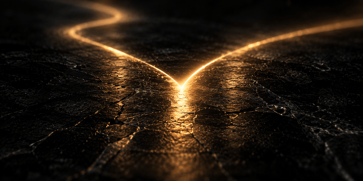 Two glowing lines, one curved and one straight, converging into a single bright point on a dark cracked surface, representing how a refund policy and a guarantee, though different, can still meet and work together