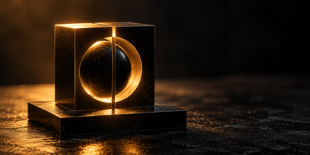 A dark cube split cleanly down the middle by a single vertical line of light, with a sphere glowing only at its rim held exactly at the center