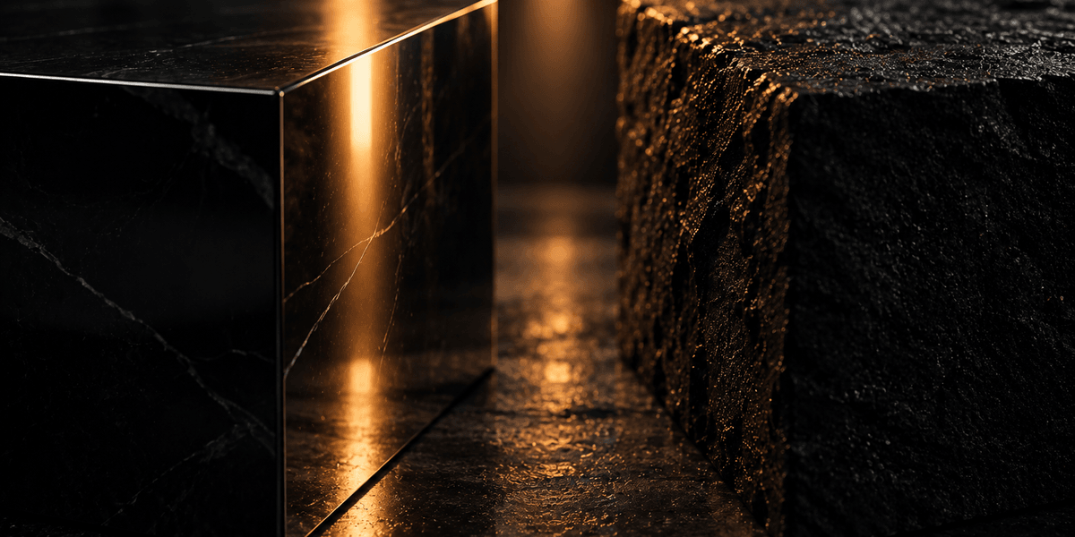 A close, sharply focused view of a polished reflective surface beside a rough unpolished one, both lit by the same warm light source passing between them, representing visual polish and plainness treated the same underneath