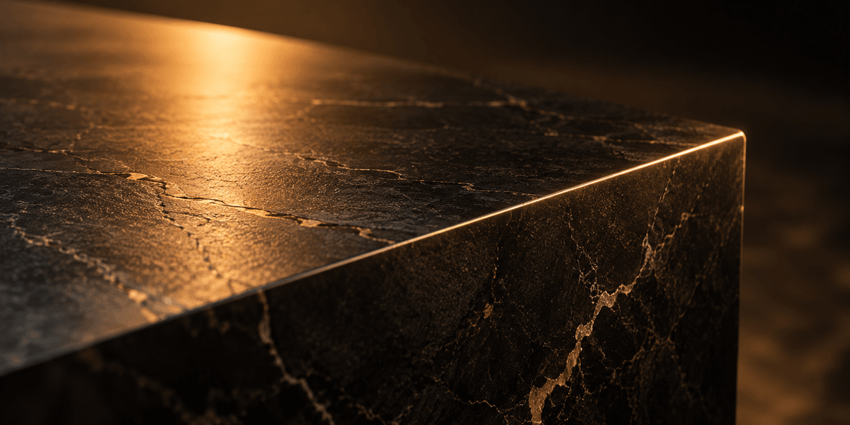 Light reflecting cleanly off a precisely finished surface with a sharp true edge, representing a site with working basics and no rough seams