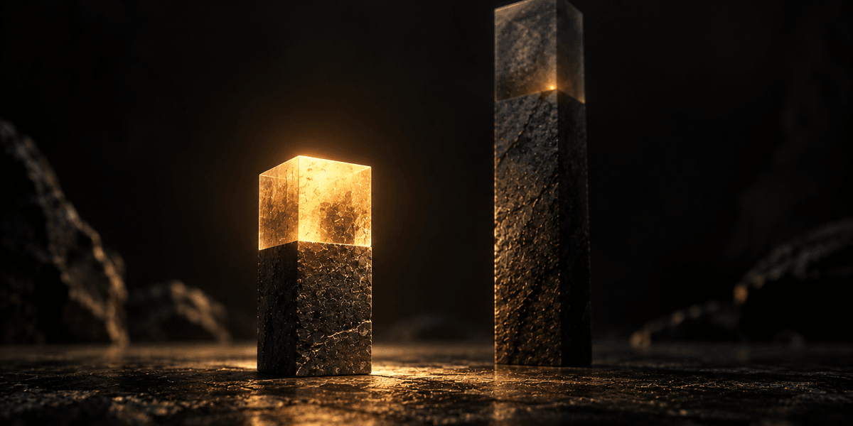 A shorter pillar glowing brightly in sharp focus in the foreground while a taller pillar sits dimmer and out of focus behind it, representing a lower-ranked page that can still be earning real, valuable attention