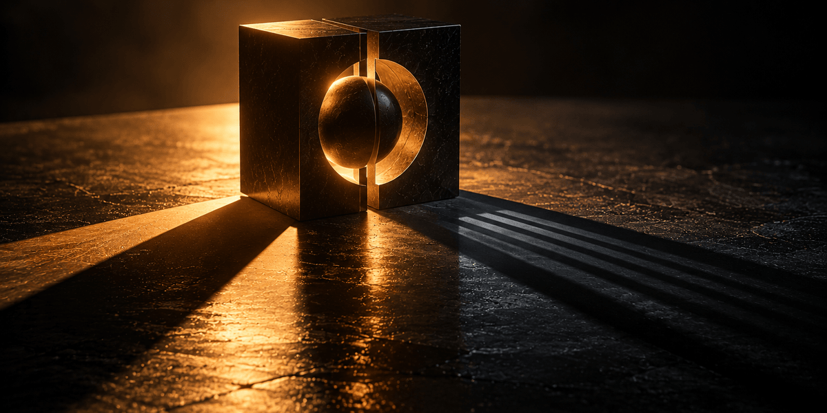 A close, angled view of a dark cube split down the middle by a glowing sphere caught between the two halves, light striking it unevenly so one side reads brighter than the other